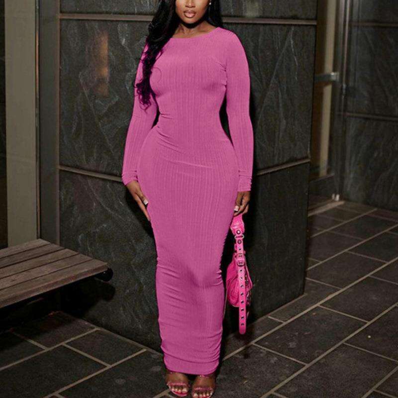 Ladies Dress Autumn Pure Color Round Necklace Long Sleeves Slimming Evening