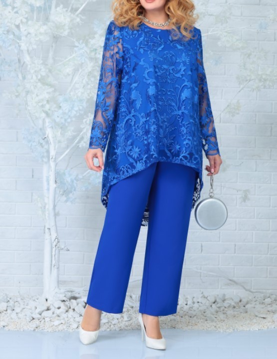 Women's Plus Size Pants Summer Fashion Elegant Lace Party Two Piece Set for Round Neck Long Sleeve Irregular Top 230804