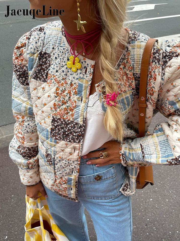 Women's Jackets Jacuqeline Autumn Women Vintage Print Cotton Coat Long Sleeve Single Breasted Short Jacket Street Fashion Ladies Overcoat 230803