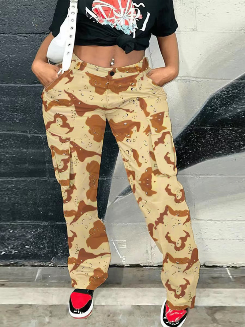 Women s Pants Plus Size Camo Print Side Pocket Cargo Camouflage Mid Waist Casual Regular Leisure Lady 2023 230804