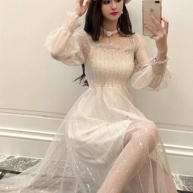 Casual Dresses 2023 Korean Chic Spring Autumn Women Mesh Long Dress Square Collar Pink Apricot Green Sequined Sweet Feminine Tulle