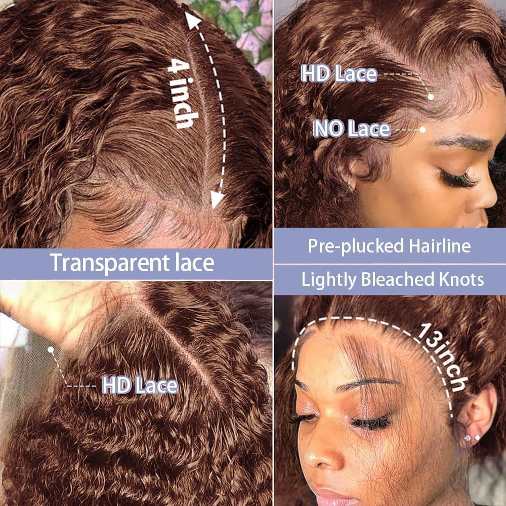 Synthetic Wigs Chocolate Brown Deep Wave 13x4 Transparent Lace Front Wet Wavy Human Hair Pre Plucked Brazilian #4 Curls Frontal Wig 230803