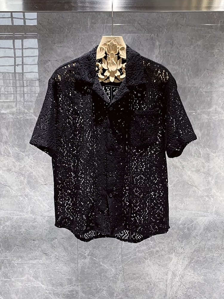 Men's Casual Shirts Summer Mens Hollow Out Crochet Beach Shirt Short Sleeve Single Breasted Loose Fit Tops Vintage Breathable Night Clubwear 2308