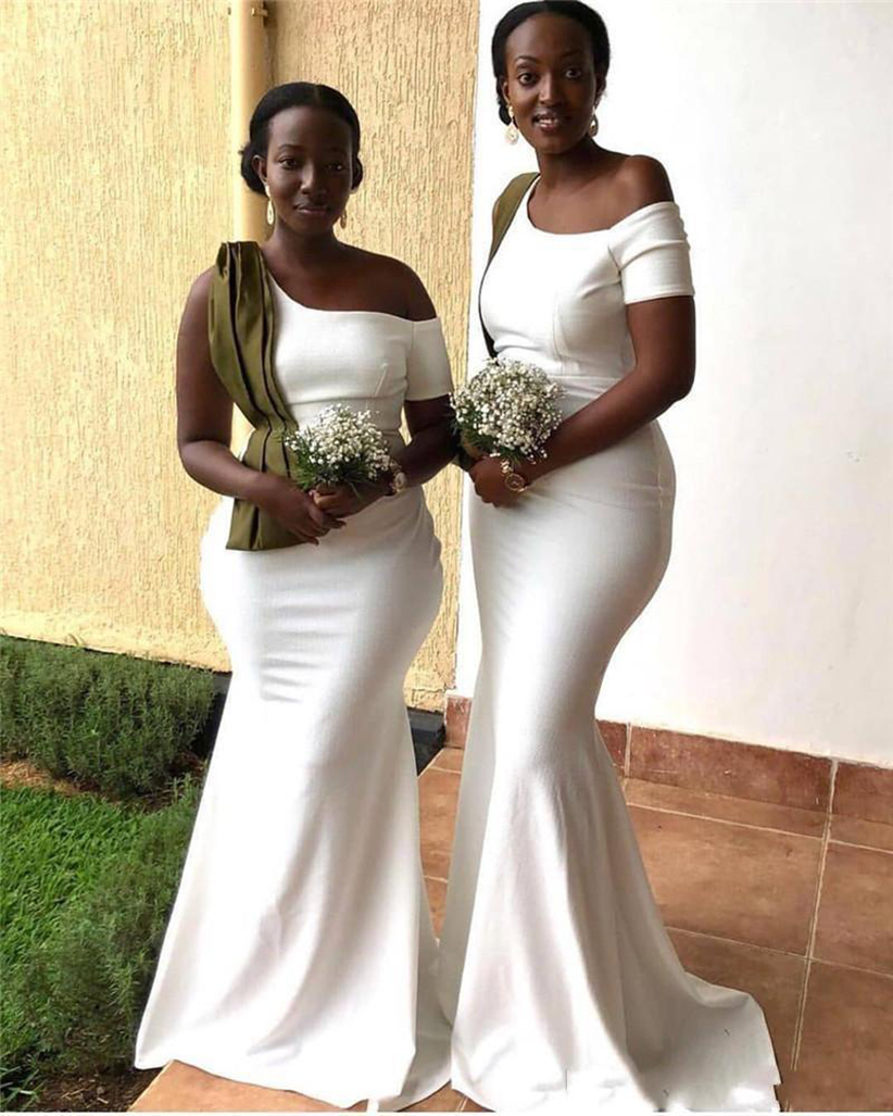 2023 New South African Mermaid White Bridesmaid Dresses Elegant One Shoulder Short Sleeve Long Maid of Honor Gowns Wedding Guest Dresses