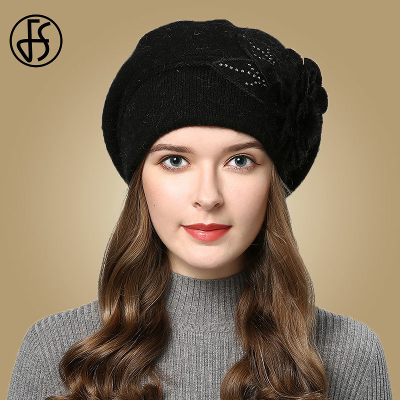 Berets F Knitted Wool Hats Winter Flowers Warm Female Cap Girls Beanies Rabbit Fur Hat Gorros Bonnet Femme Hiver 230804
