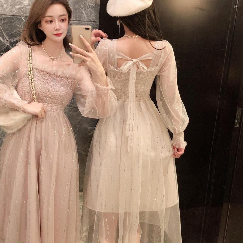 Casual Dresses 2023 Korean Chic Spring Autumn Women Mesh Long Dress Square Collar Pink Apricot Green Sequined Sweet Feminine Tulle