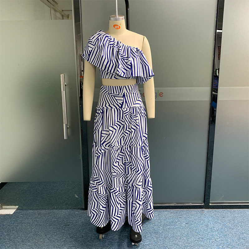 Basic Casual Dresses Wefad Two Piece Set Chic Short Sleeve Off Shoulder Nipped Waist Top Striped Printed Loose Skirt Sets 230804