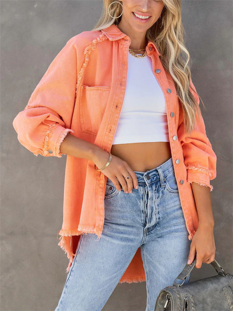 Women's Jackets Girls Sweet Pink Loose Shirt Jacket Woman Casual Soft Button Denim Shirts Ladies Chic Solid Pocket Jackets 230803