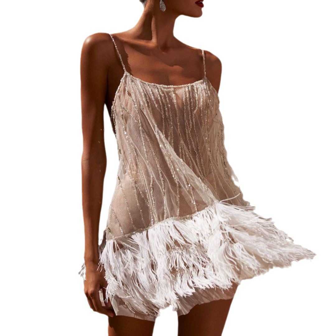 2023 New Style Party Dress Open Back Short Skirt Layered Tassel Mesh Bead Sling Dress
