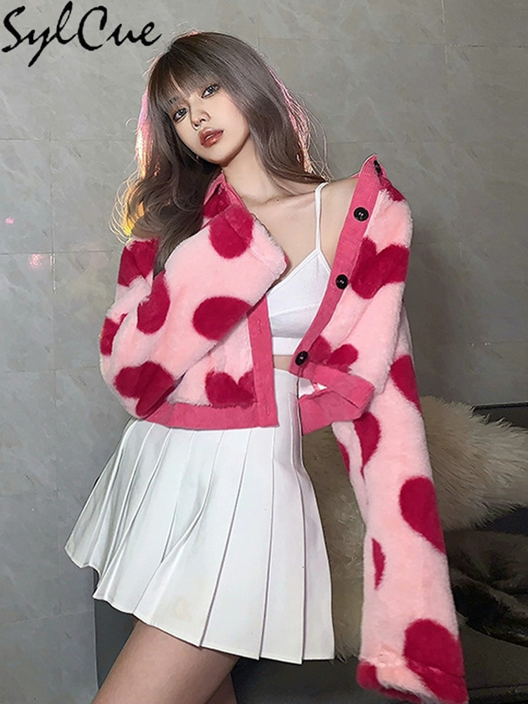 Women's Jackets Sylcue Pink Girl Youth Cute All-Match Love Contrast Woolen Loose Comfortable And Supple Women's Short Top Coat Button 230803