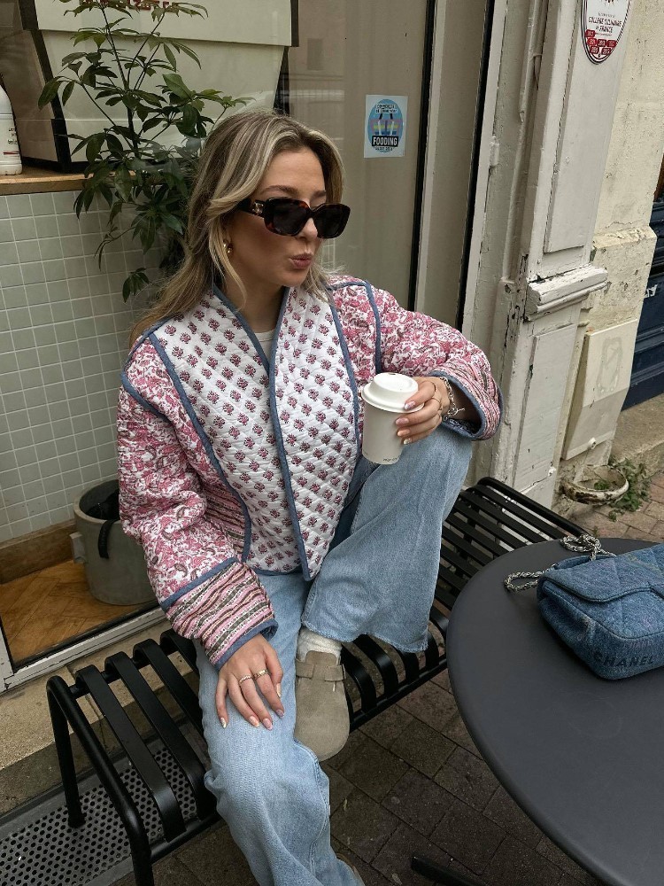 Women s Jacket Printed Flower Quilted Reversible Cotton Coat Long Sleeve Open Front Two In One Autumn Vintage Street Outerwear 230804