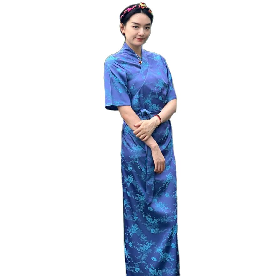 Women Ethnic Clothing National Tibetan Costume Female Silk Gown Long Sleeve vintage apparel Cheongsam Style Summer Elegant Robe