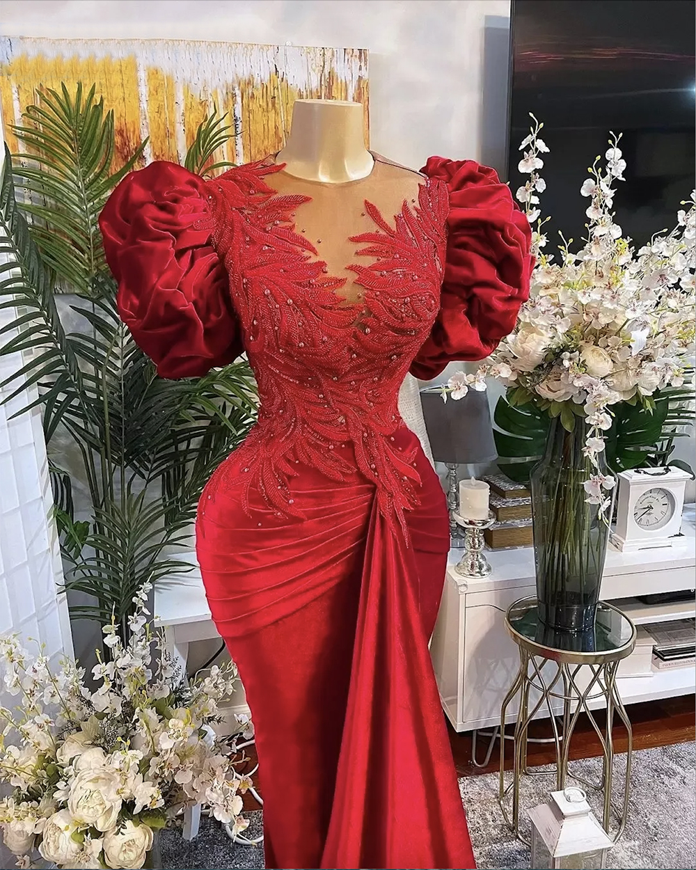 Plus Size Arabic Aso Ebi Red Mermaid Lace Prom Dresses Ruched Puffy Short Sleeves Beaded Sheer Neck Velvet Evening Formal Party Gowns Second Reception