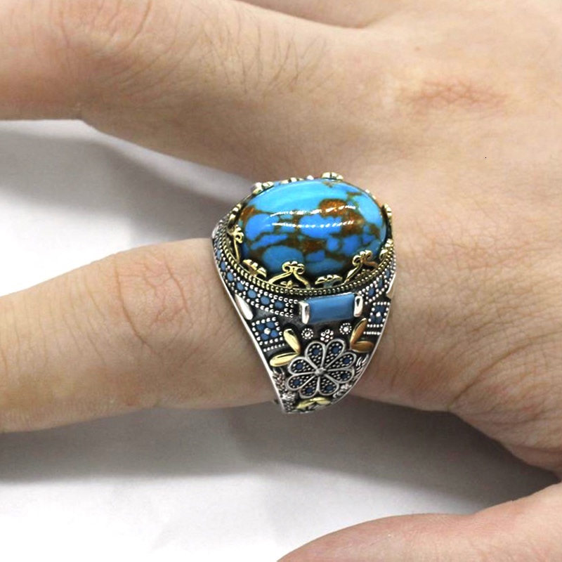 Wedding Rings 925 Sterling Silver Turquoise Ring for Men Women Natural Gemstone Lucky Stone Turkish Handmade Retro Jewelry Anniversary Gift 230804