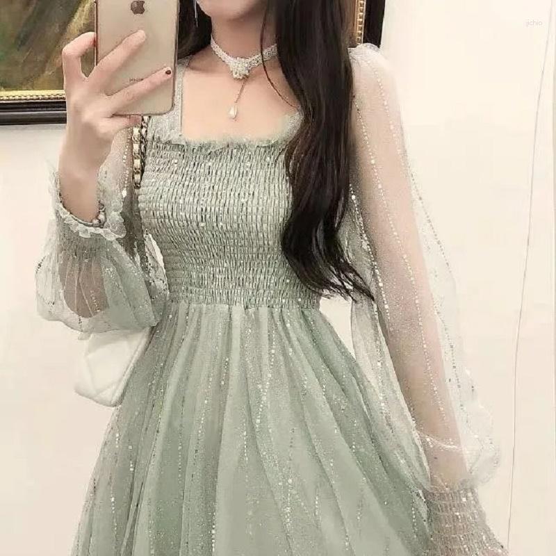 Casual Dresses 2023 Korean Chic Spring Autumn Women Mesh Long Dress Square Collar Pink Apricot Green Sequined Sweet Feminine Tulle