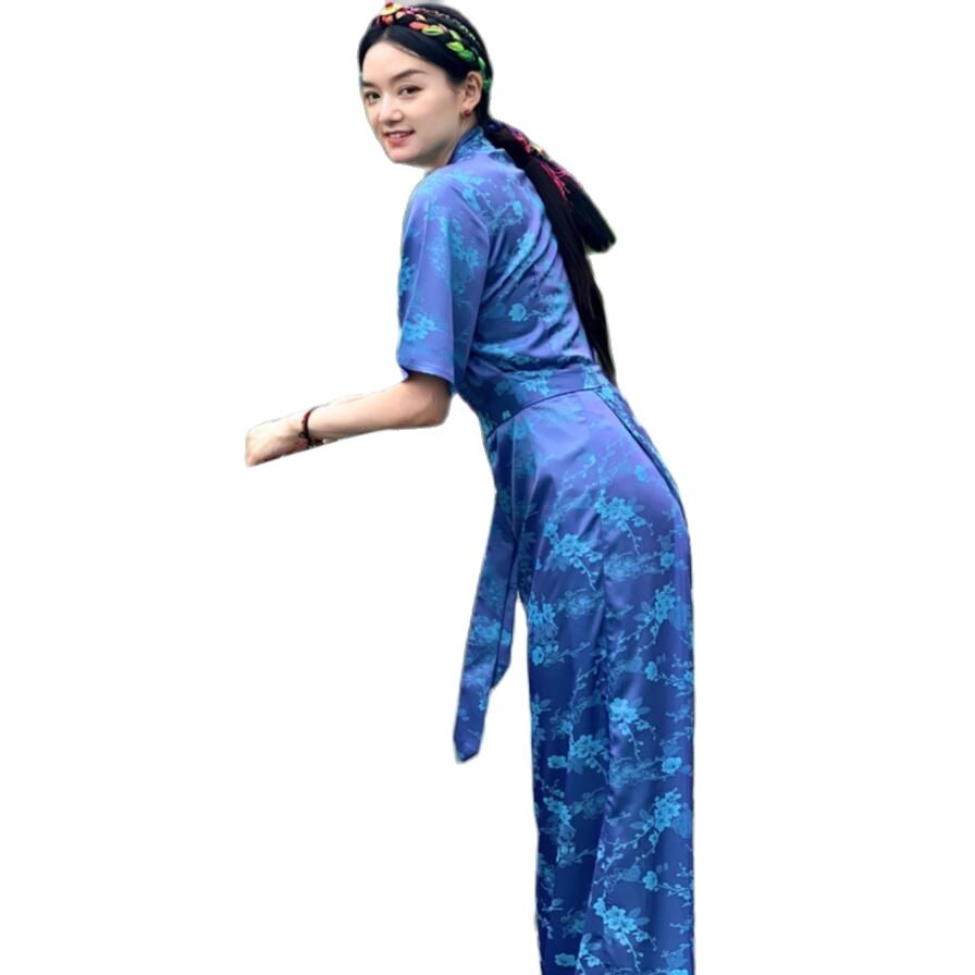 Women Ethnic Clothing National Tibetan Costume Female Silk Gown Long Sleeve vintage apparel Cheongsam Style Summer Elegant Robe