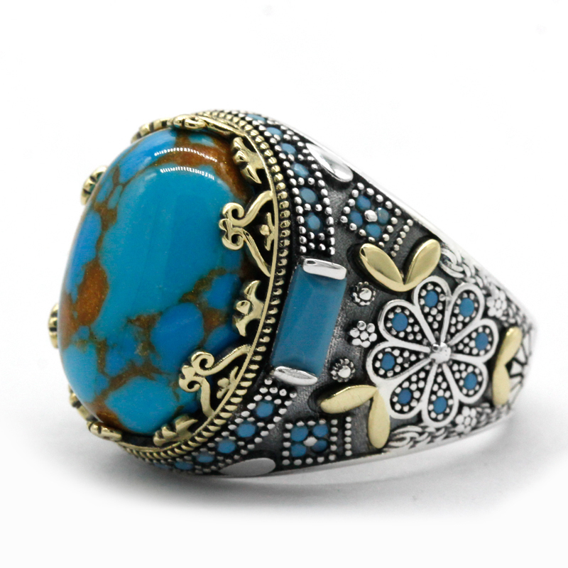 Wedding Rings 925 Sterling Silver Turquoise Ring for Men Women Natural Gemstone Lucky Stone Turkish Handmade Retro Jewelry Anniversary Gift 230804