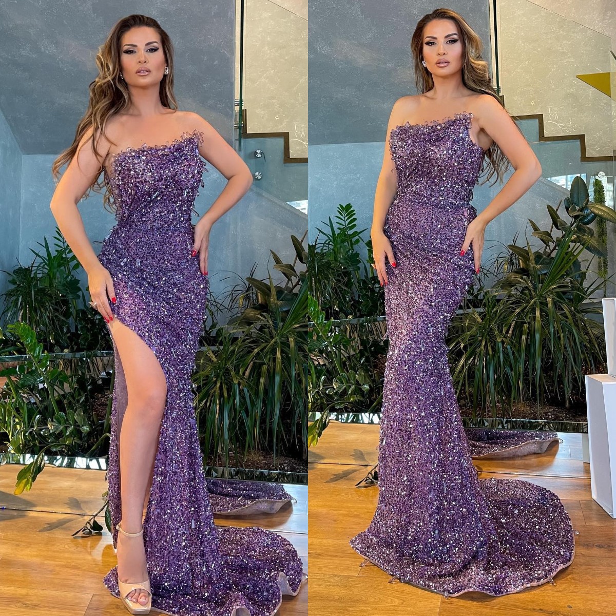 Sexy Purple Mermaid Evening Sequins Strapless Formal Party Prom Dress Split Red Carpet Long Dresses For Special Ocn Lz0304