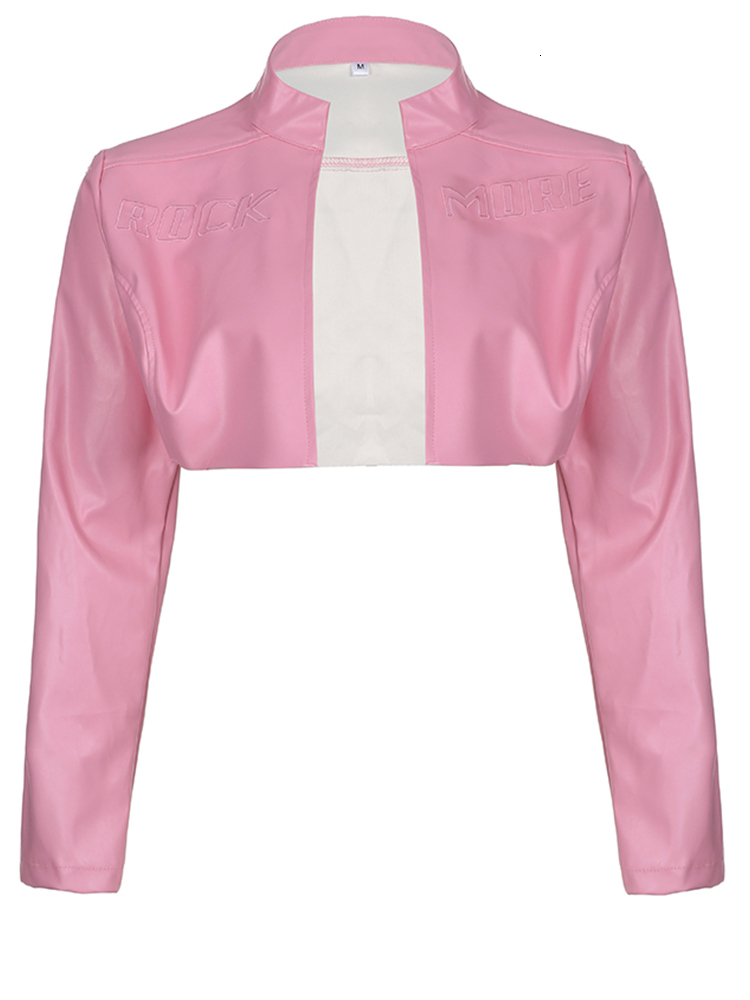 Women's Jackets Weekeek Pink Leather Crop Jacket Streetwear Cute Punk Style Long Sleeve PU Cardigan Women Outerwear y2k Aesthetic Ladies Fashion 
