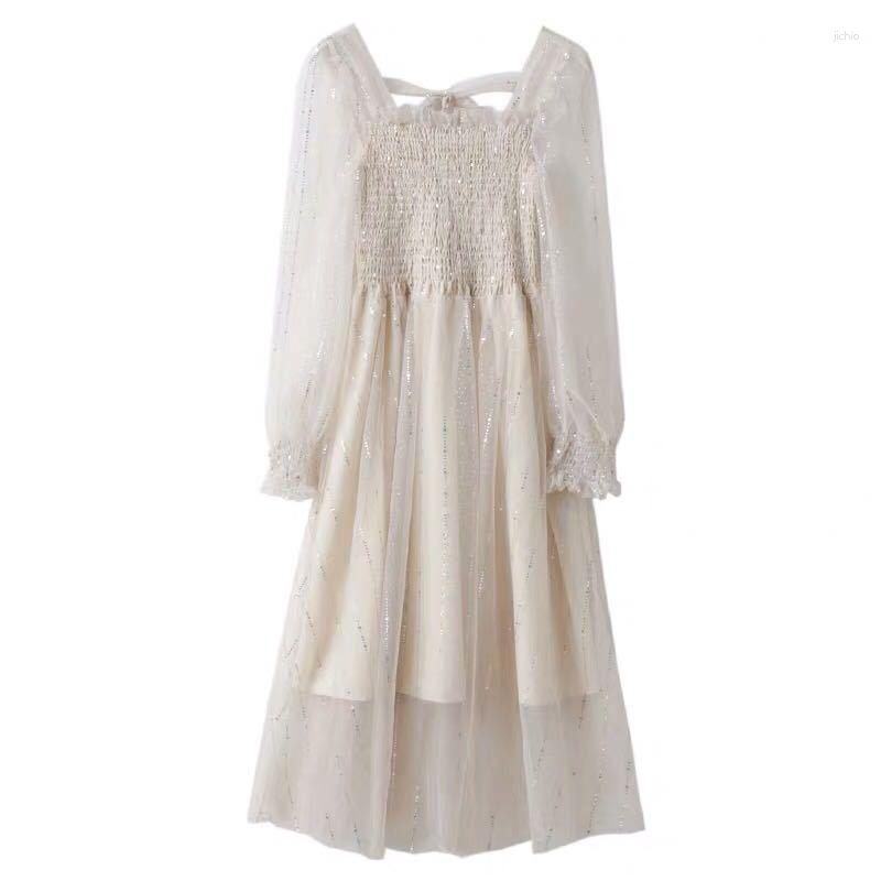 Casual Dresses 2023 Korean Chic Spring Autumn Women Mesh Long Dress Square Collar Pink Apricot Green Sequined Sweet Feminine Tulle