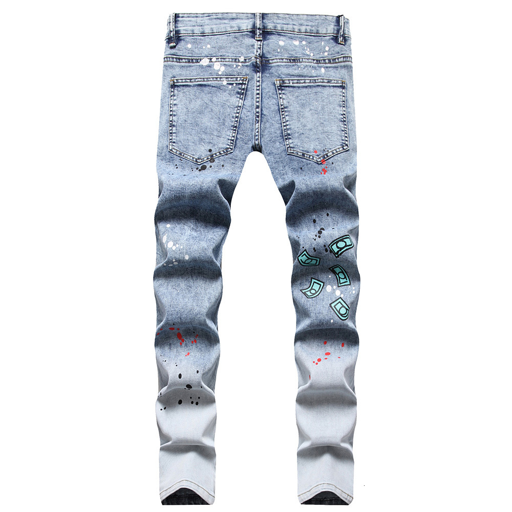 Men s Jeans Men Printed Stretch Fashion Flame Letters Dollar Painted Denim Pants Snow Washed Slim Straight Trousers 230804