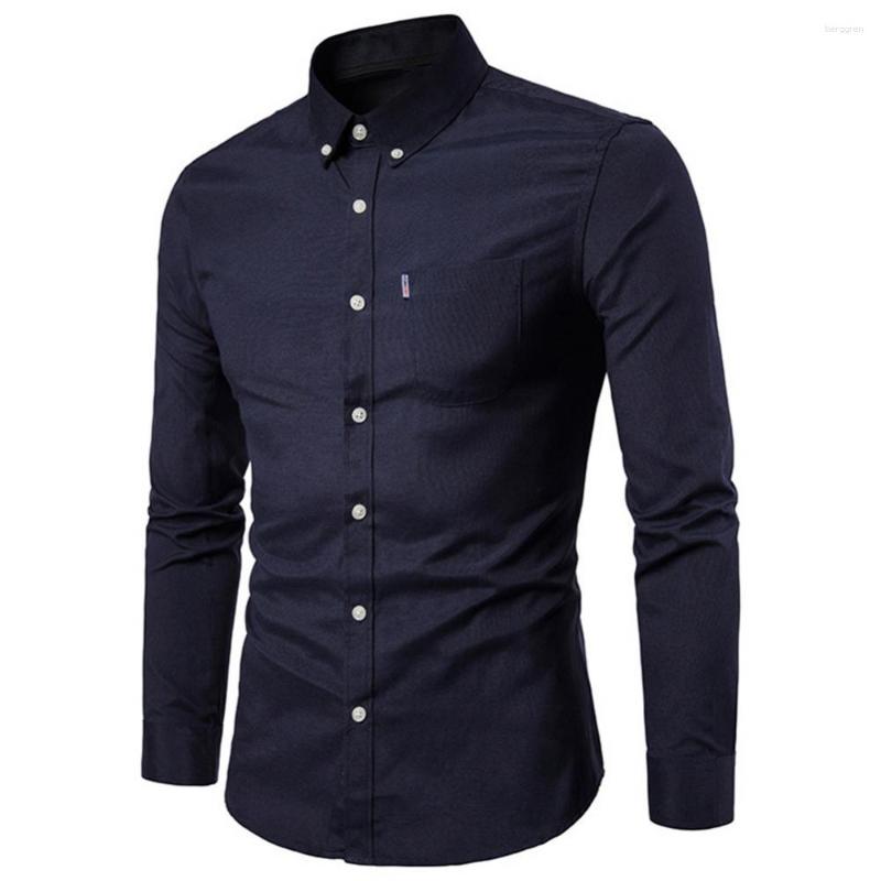Men's Dress Shirts Men Solid Color Turn Down Collar Long Sleeve Shirt Slim Button Pocket Work Top B4