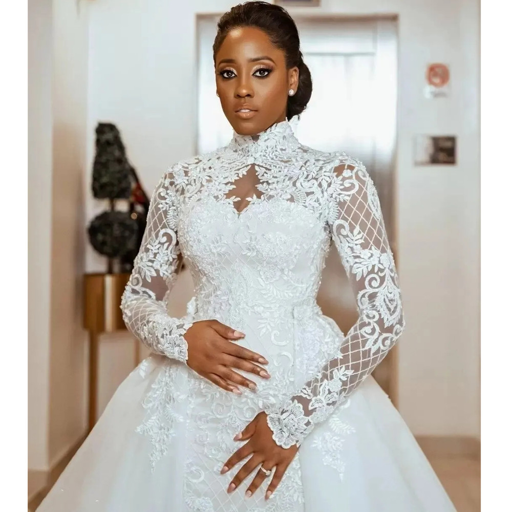 Plus Size Mermaid Wedding Dress Arabic Aso Ebi Sheer Neck High Bride Dress Long Sleeves Gowns Dresses African Arabic Charming Train Formal Bridal Gown