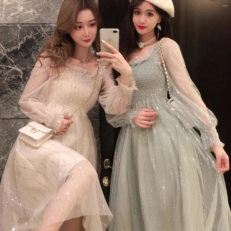 Casual Dresses 2023 Korean Chic Spring Autumn Women Mesh Long Dress Square Collar Pink Apricot Green Sequined Sweet Feminine Tulle