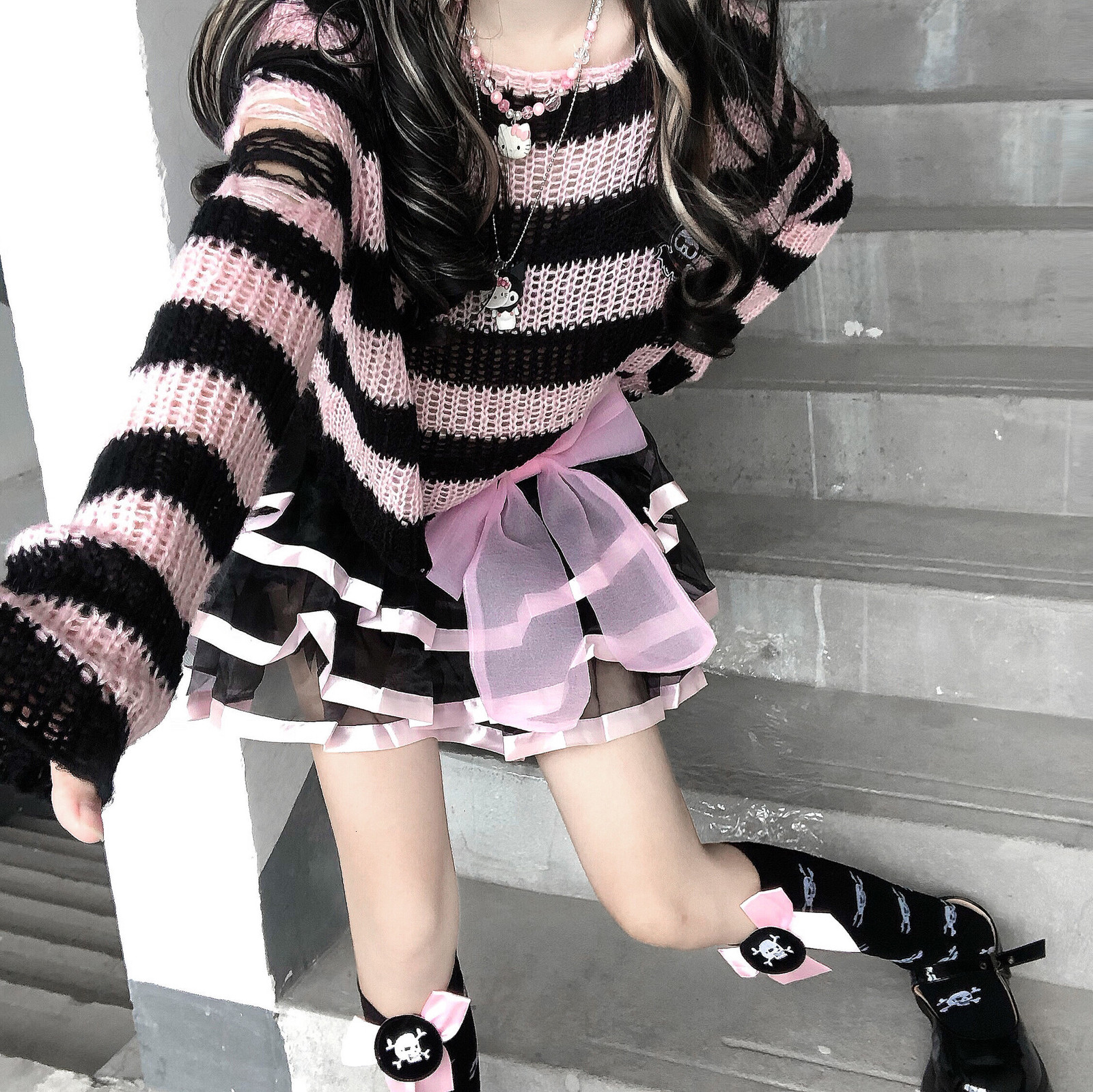 Women's Sweaters Karrram Pink Striped Gothic Sweaters Women Ripped Holes Loose Knitted Pullover Frayed Fairy Grunge Jumpers Emo Streetwear Lolita