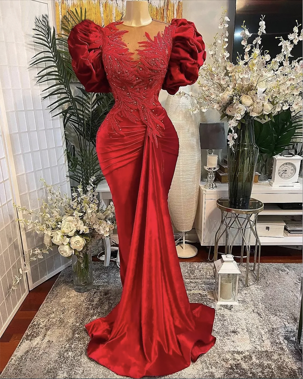 Plus Size Arabic Aso Ebi Red Mermaid Lace Prom Dresses Ruched Puffy Short Sleeves Beaded Sheer Neck Velvet Evening Formal Party Gowns Second Reception