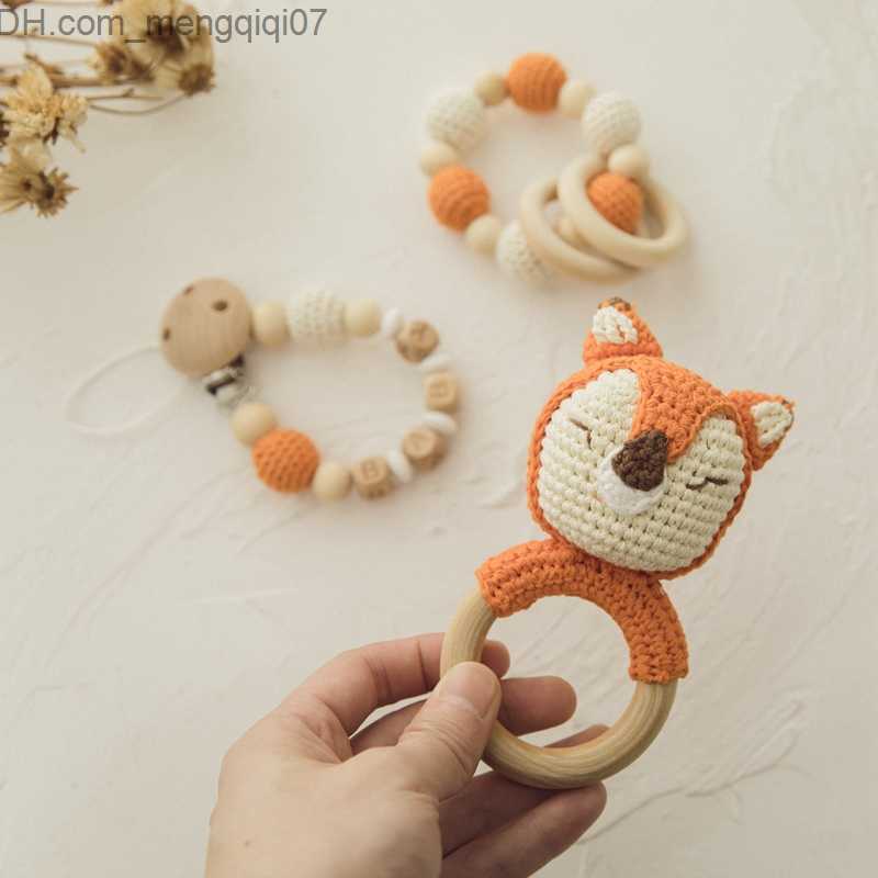 Pacifier Holders Clips# Baby toy crochet Amigurumi lat fox wooden ring newborn dummy bracket pacifier chain chewing teeth education baby lat Z230804