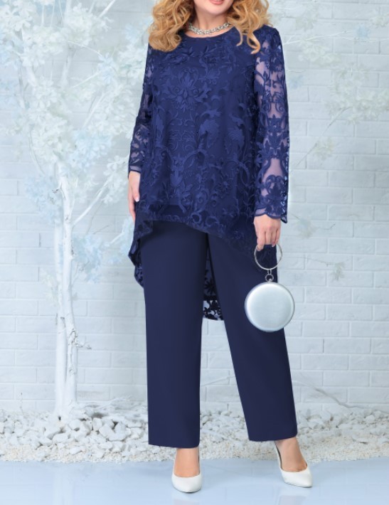 Women's Plus Size Pants Summer Fashion Elegant Lace Party Two Piece Set for Round Neck Long Sleeve Irregular Top 230804