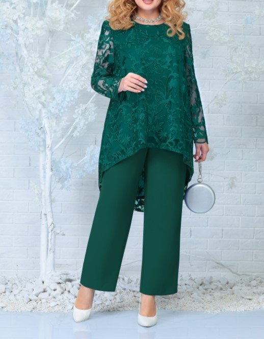 Women's Plus Size Pants Summer Fashion Elegant Lace Party Two Piece Set for Round Neck Long Sleeve Irregular Top 230804