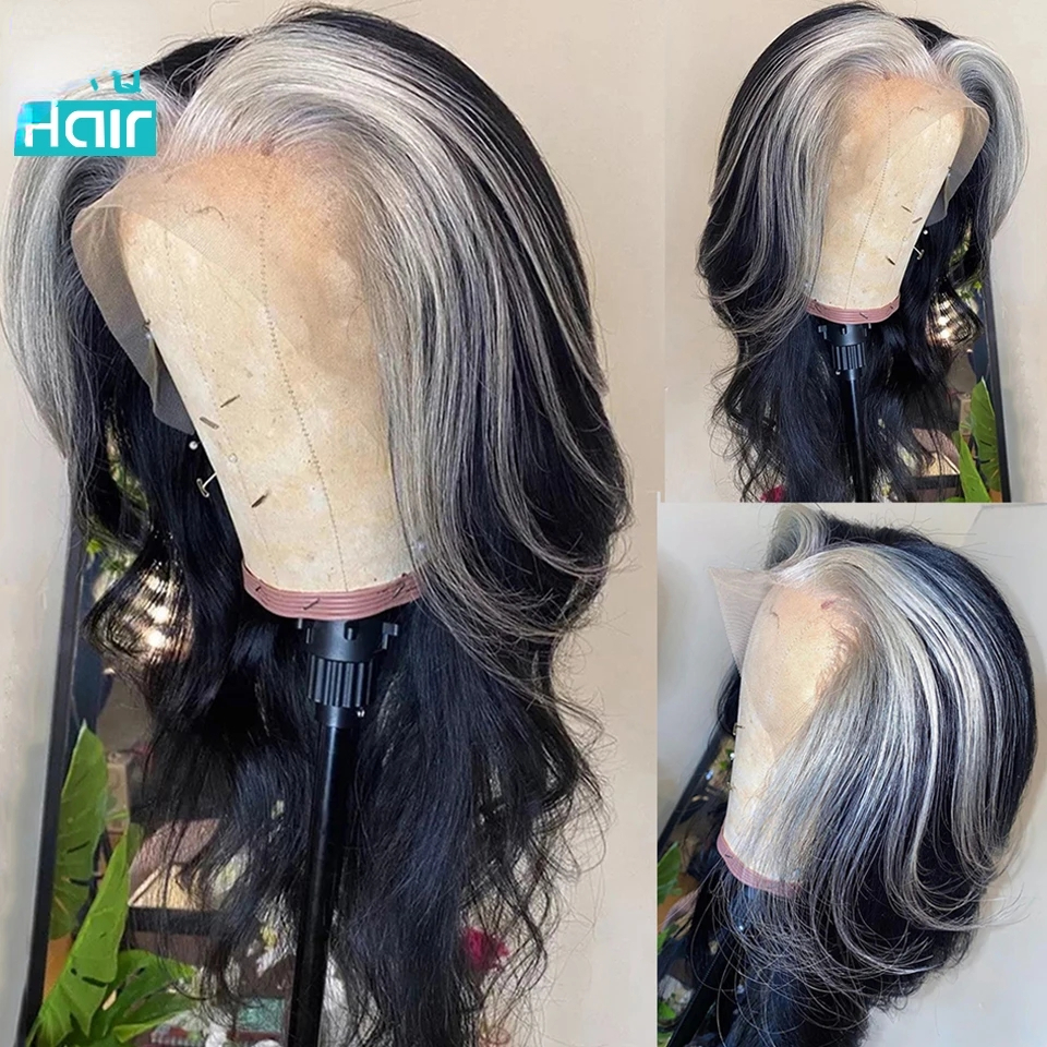 Brazilian Hair Gray Highlight Wig 13x4 Body Wave Lace Front Wigs Transparent Platinum Blonde Highlight Colored Synthetic Wigs For Women