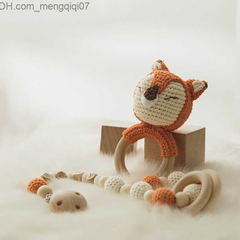 Pacifier Holders Clips# Baby toy crochet Amigurumi lat fox wooden ring newborn dummy bracket pacifier chain chewing teeth education baby lat Z230804