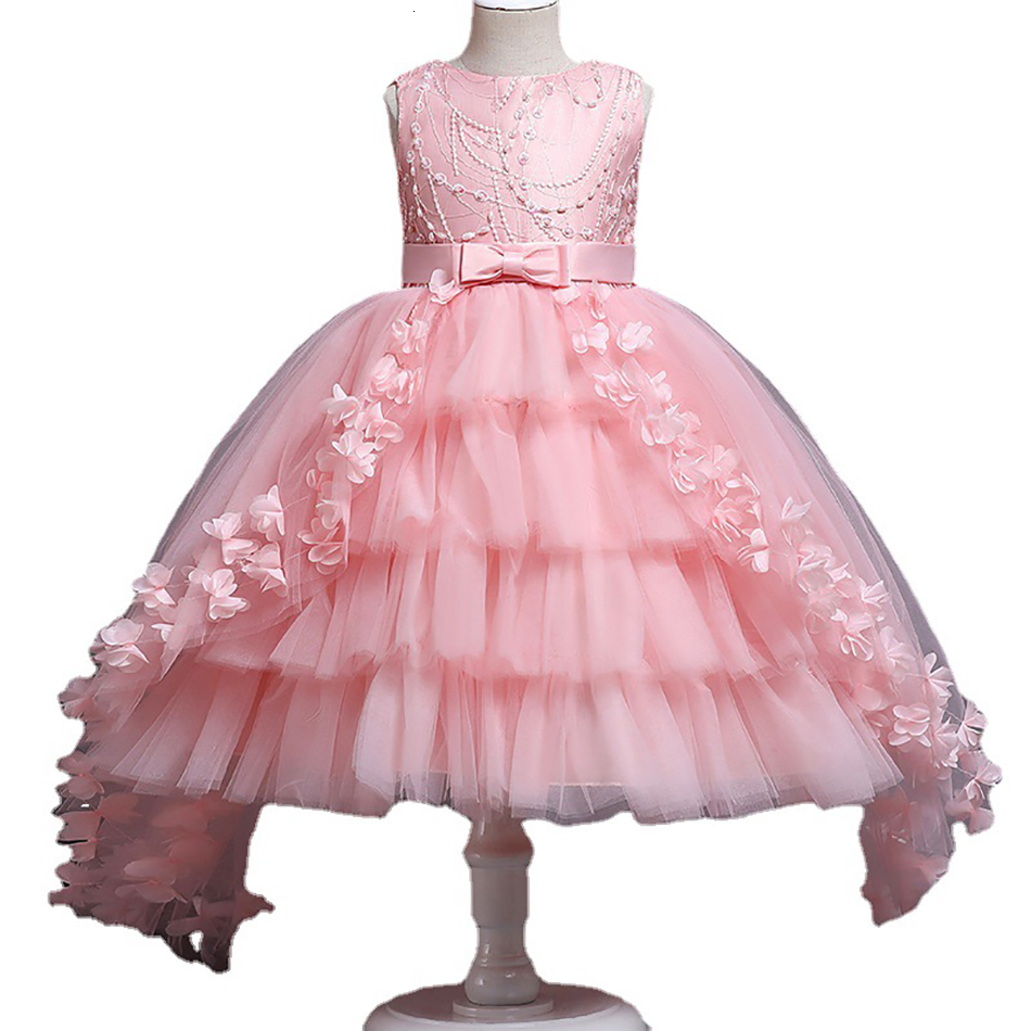 Girl's Dresses Baby Lace Pink Princess Tailing Dress For Girl Elegant Birthday Party with Flowers Dress Baby Girl's Christmas Clothes 3-12yr