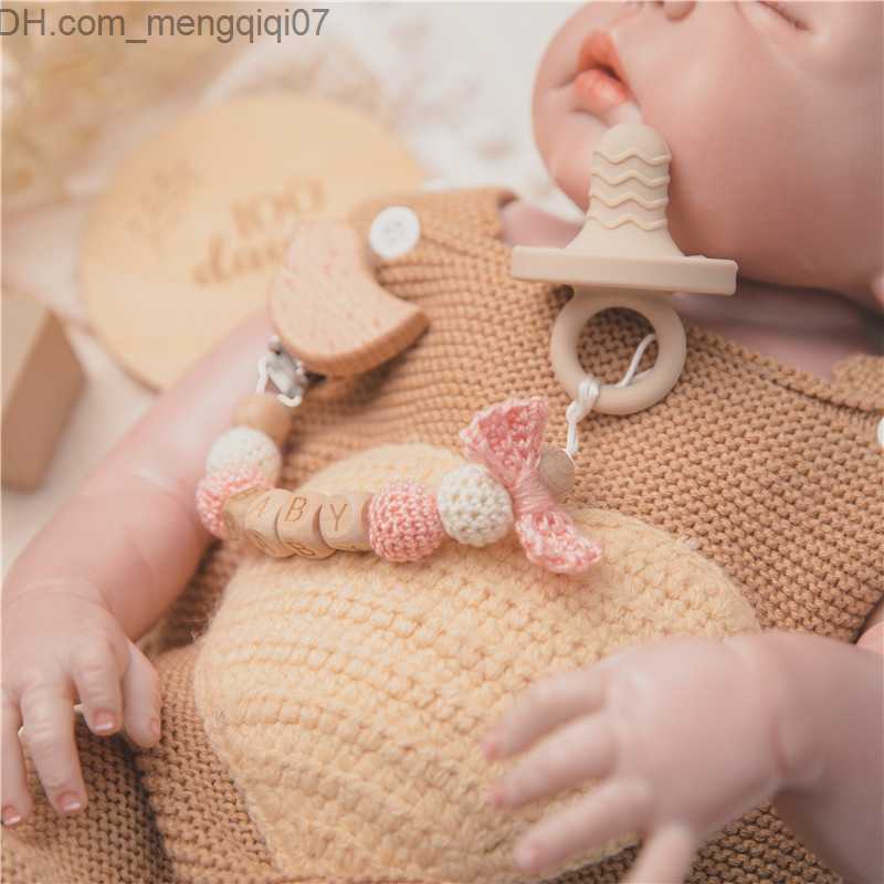 Pacifier Holders Clips# 2 food grade baby wooden teeth Rattlesnake toy crochet animal lion fox baby pacifier chain tooth bracelet newborn gift Z230804