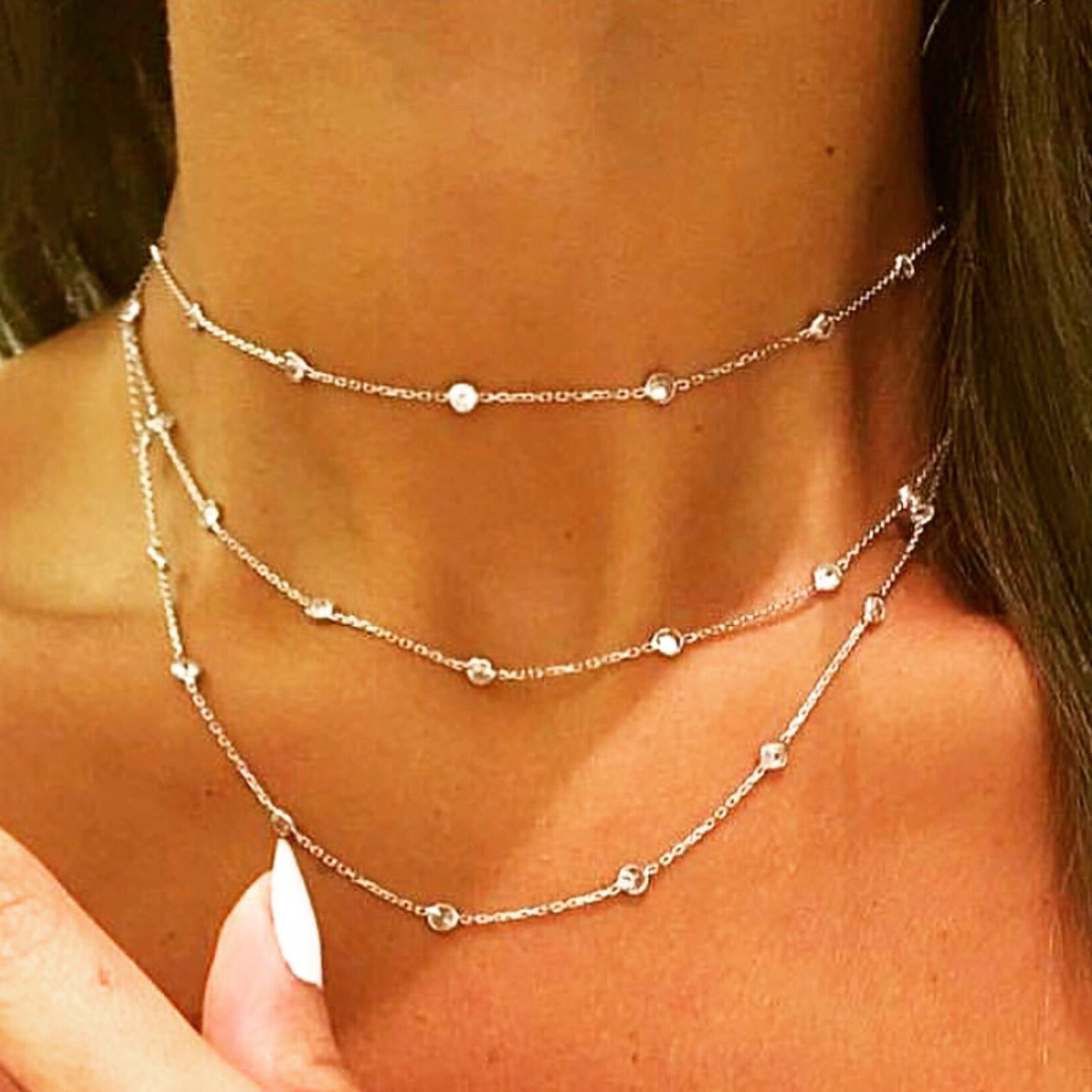 Pendant Necklaces 925 Sterling Silver CZ Station Chain Necklace Sparking 5A Cubic Zirconia One Double Triple Multi Row Women Collar 230804