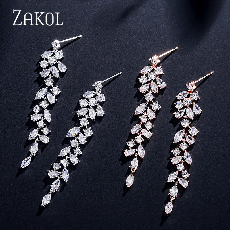 Dangle Chandelier ZAKOL Fashion Cubic Zirconia Leaf Long Earrings for Elegant Women White Leaves Drop Earring Bridal Wedding Jewelry 230804