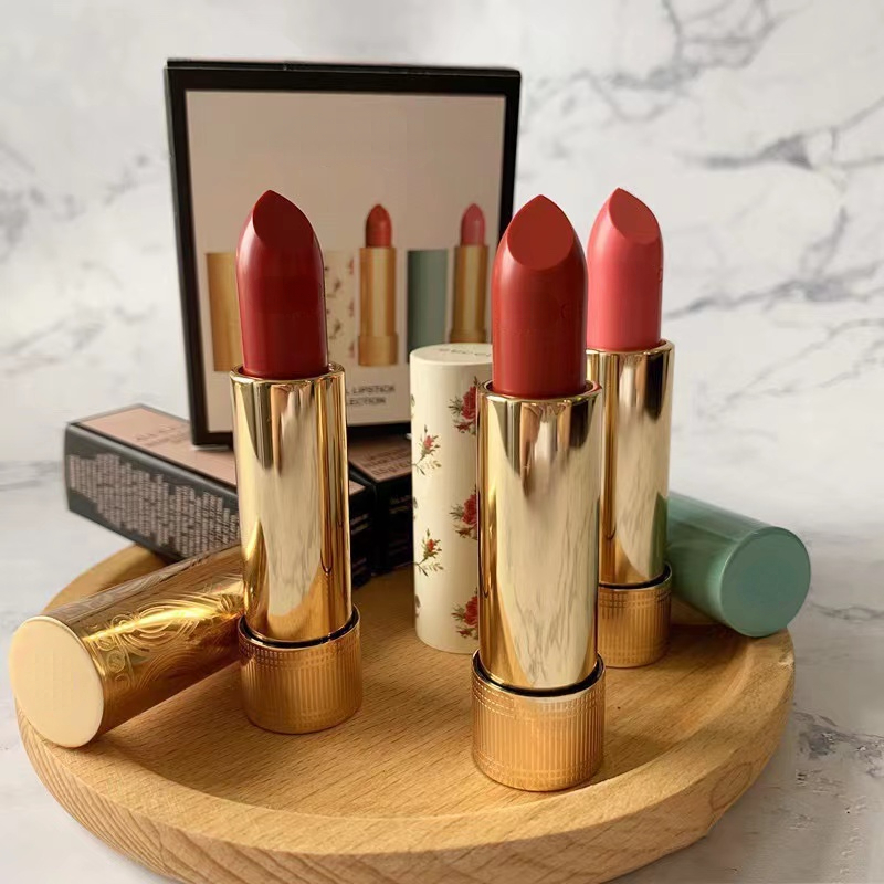 advanced womens lipstick frosted silk soft gift box 3piece set with broken flower gold tube 25 gold tube 25 green tube 02 1 3gx3