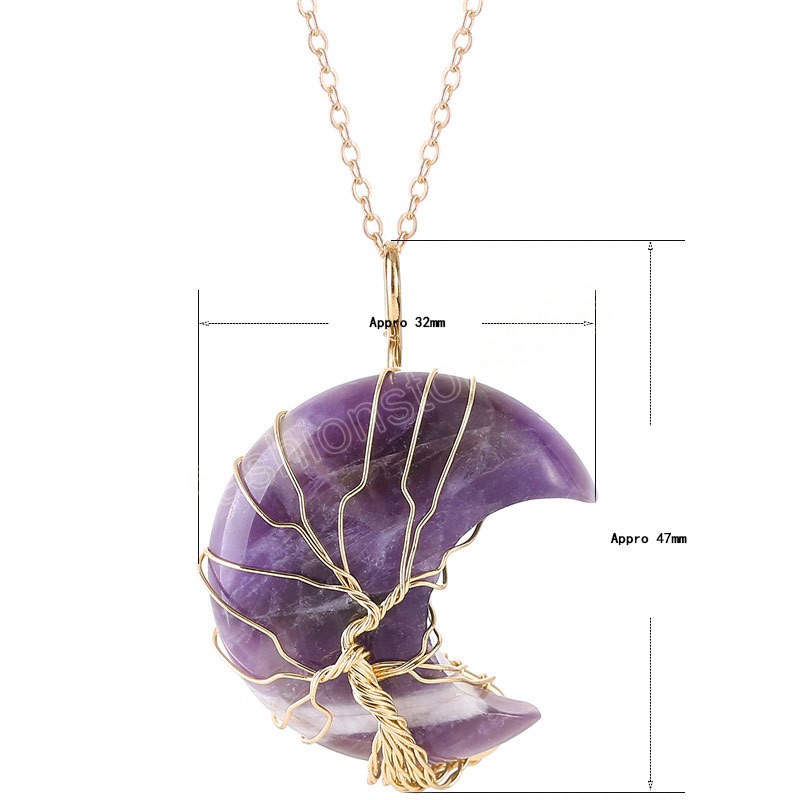 Tree of Life Wire Wrapped Moon Pendant Necklace Reiki Healing Crystal Stone Necklaces Natural Rose Quartz Jewelry for Women