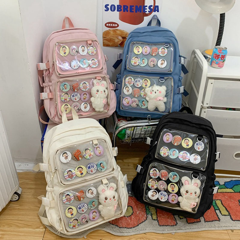 Backpacks Girls Large School Pink Ita Backpack with Two Clear Pockets for Pin Display Women Big Kawaii Bag Insert Plate H221 230803