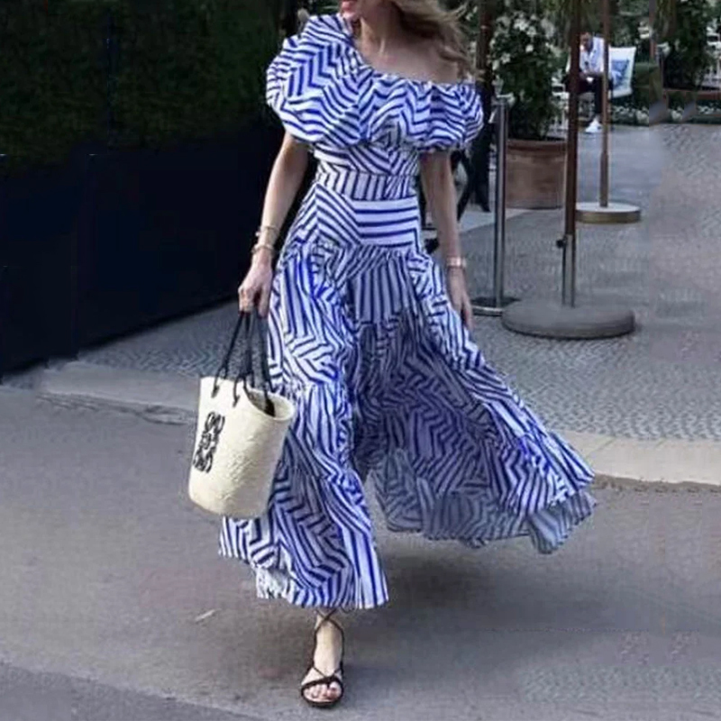 Basic Casual Dresses Wefad Two Piece Set Chic Short Sleeve Off Shoulder Nipped Waist Top Striped Printed Loose Skirt Sets 230804