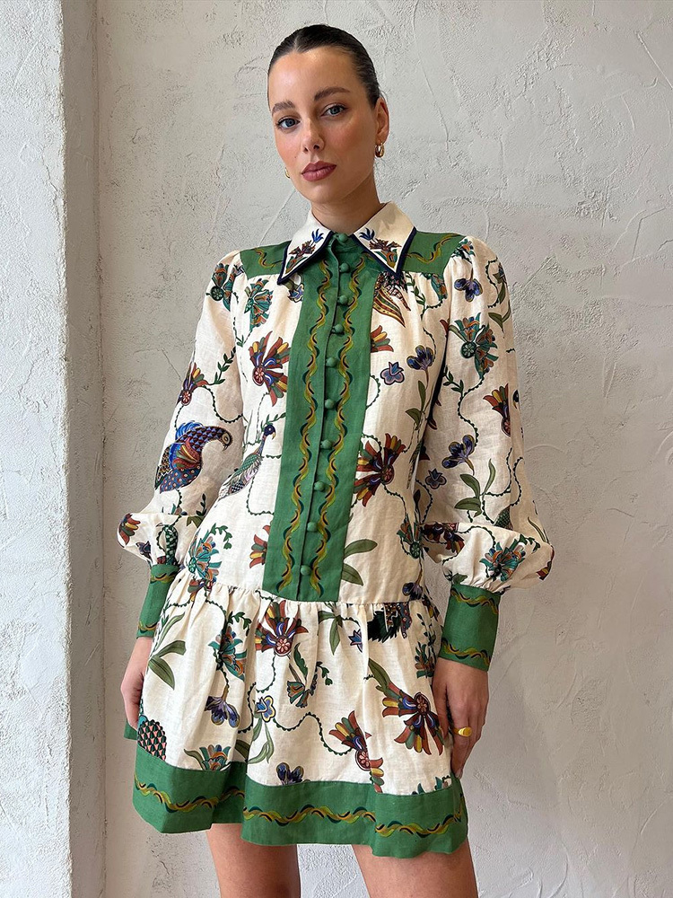 Urban Sexy Dresses Peacock Flower Printed Mini Pleated Dres Long Lantern Sleeve Single Breasted Fashion Holiday Summer Loose Robe 230804