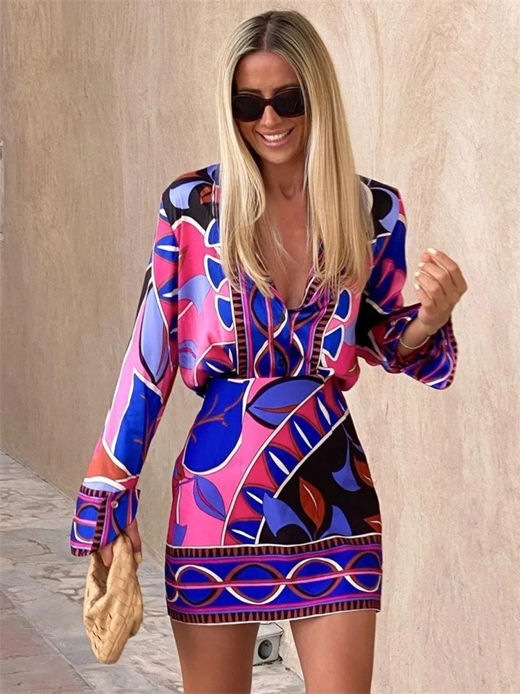 Women's Blouses Shirts TRAF Print Button Up Shirt Women Vintage Long Sleeve Top Female Streetwear Collared Shirt Woman Summer Elegant Blouses 230