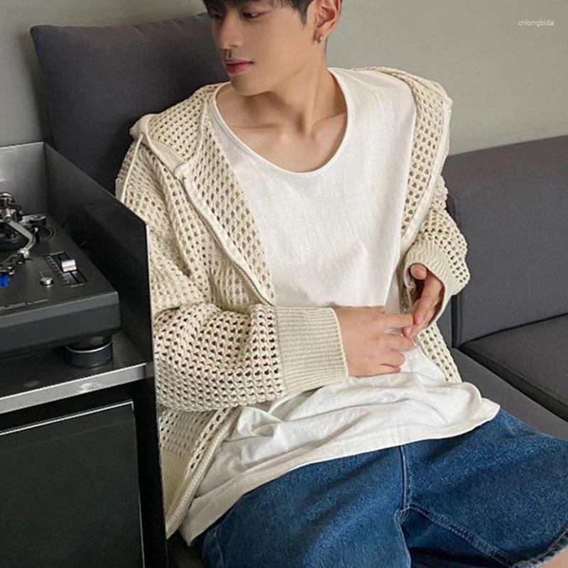 Men's Jackets Vintage Knit Mesh Coat For Men Hole Hooded Cardigan Long Sleeve Tee Male Casual Summer Japanese Streetwear Hip Hop