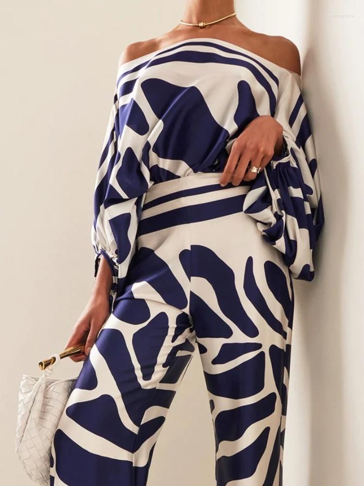 CNLONGBIDA Women's Two Piece Pants Women Print Satin Outfit Summer Lantern Sleeve Off Shoulder Blouse Office Lady 2 Sets Fashion Casual Wide Leg 
