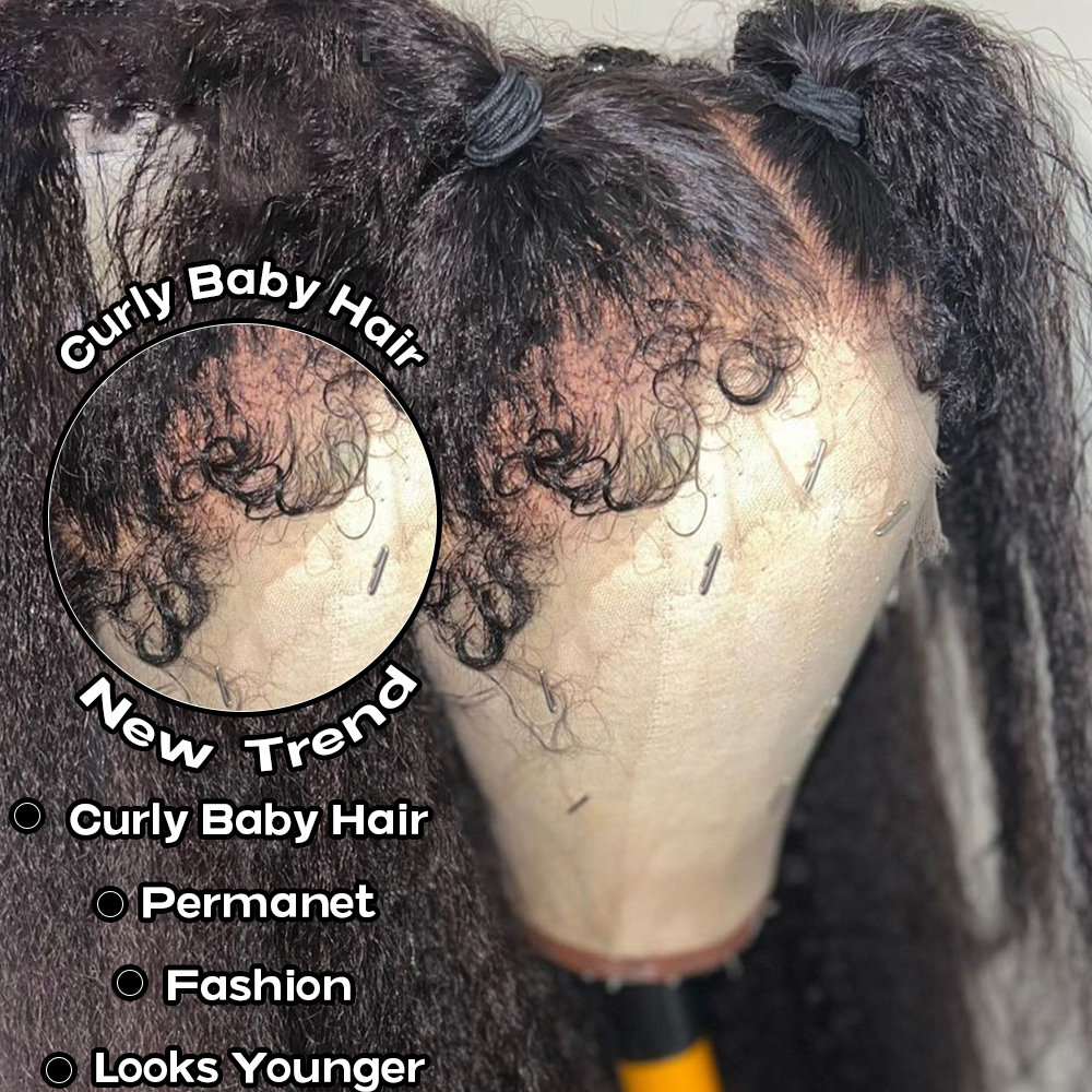 Realistic curly edge natural scalp hairline kinky curly short full lace human hair wig 360 12-24inch pre plucked high ponytail bun hot hairstyle