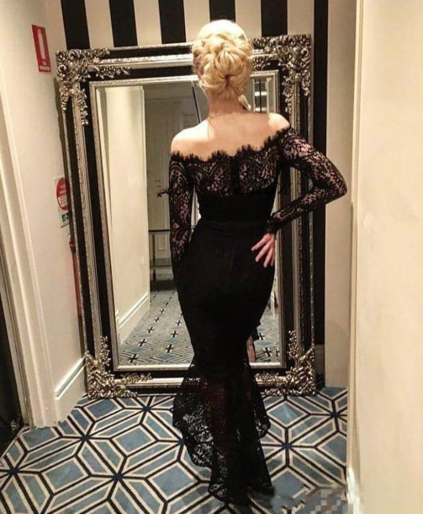 Vintage Lace Navy Blue Mermaid Bridesmaid Dresses Off the Shoulder Tea Length 2023 Custom Made Plus Size Long Sleeves Maid of Honor Gown
