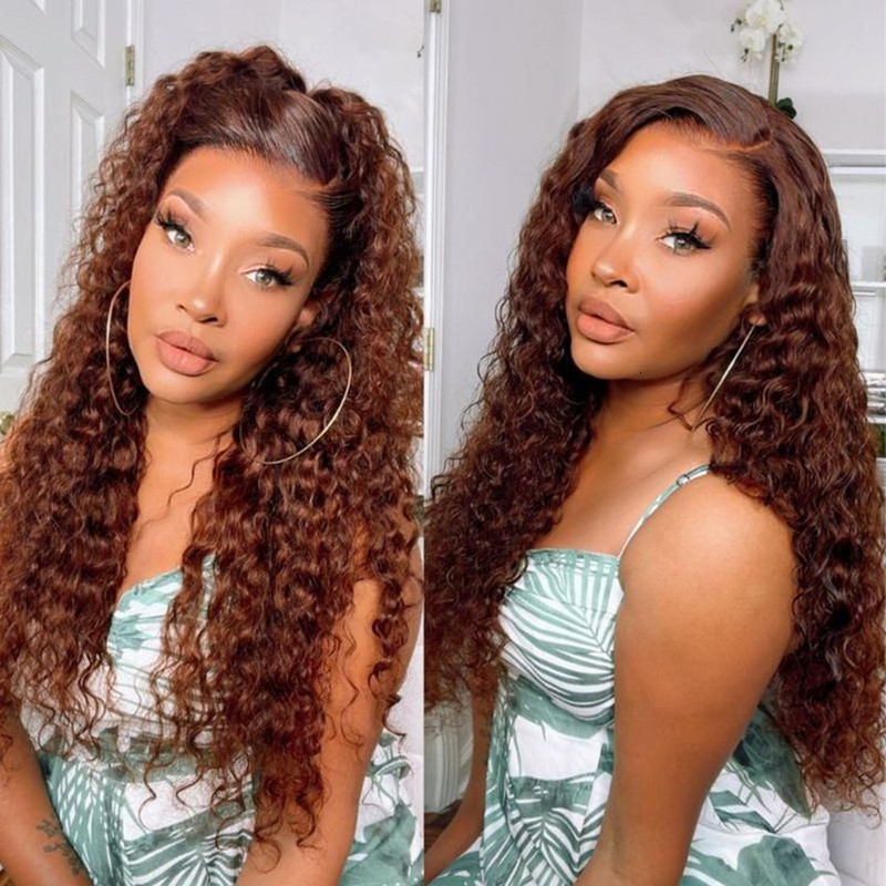 Synthetic Wigs Chocolate Brown Deep Wave 13x4 Transparent Lace Front Wet Wavy Human Hair Pre Plucked Brazilian #4 Curls Frontal Wig 230803
